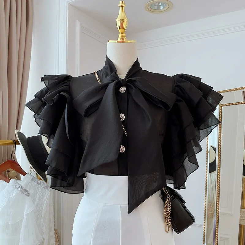 Women\'s Blouse Fashion New 2023 Ruffles Short Sleeve Elegant Feminine Shirts Spring Summer Soid Color Fitting Ladies Tops