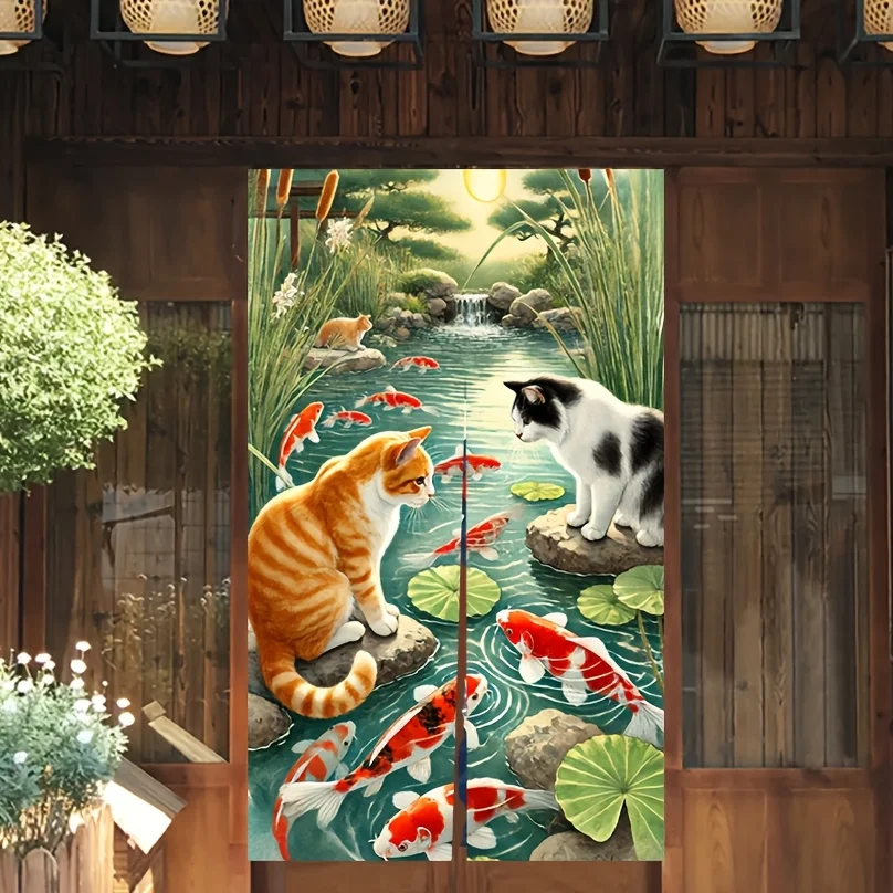 Contemporary Linen Door Curtain with Cat and Koi Fish Design, Hand Wash Only, Smoke-Proof Knit Weave, Artistic Pastoral Theme