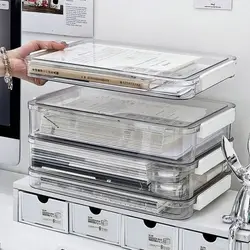 Desktop File Storage Box A4 Document Organizer Case With Lid Stackable Stationery Storage Box Cabinet Desk Clear Container