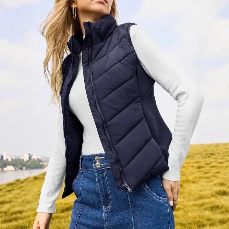 2025 Autumn Winter Stand Collar Vests Women Clothing Pocket Zipper Solid Color Causal Simple Commuting Female Sleeveles Jacket