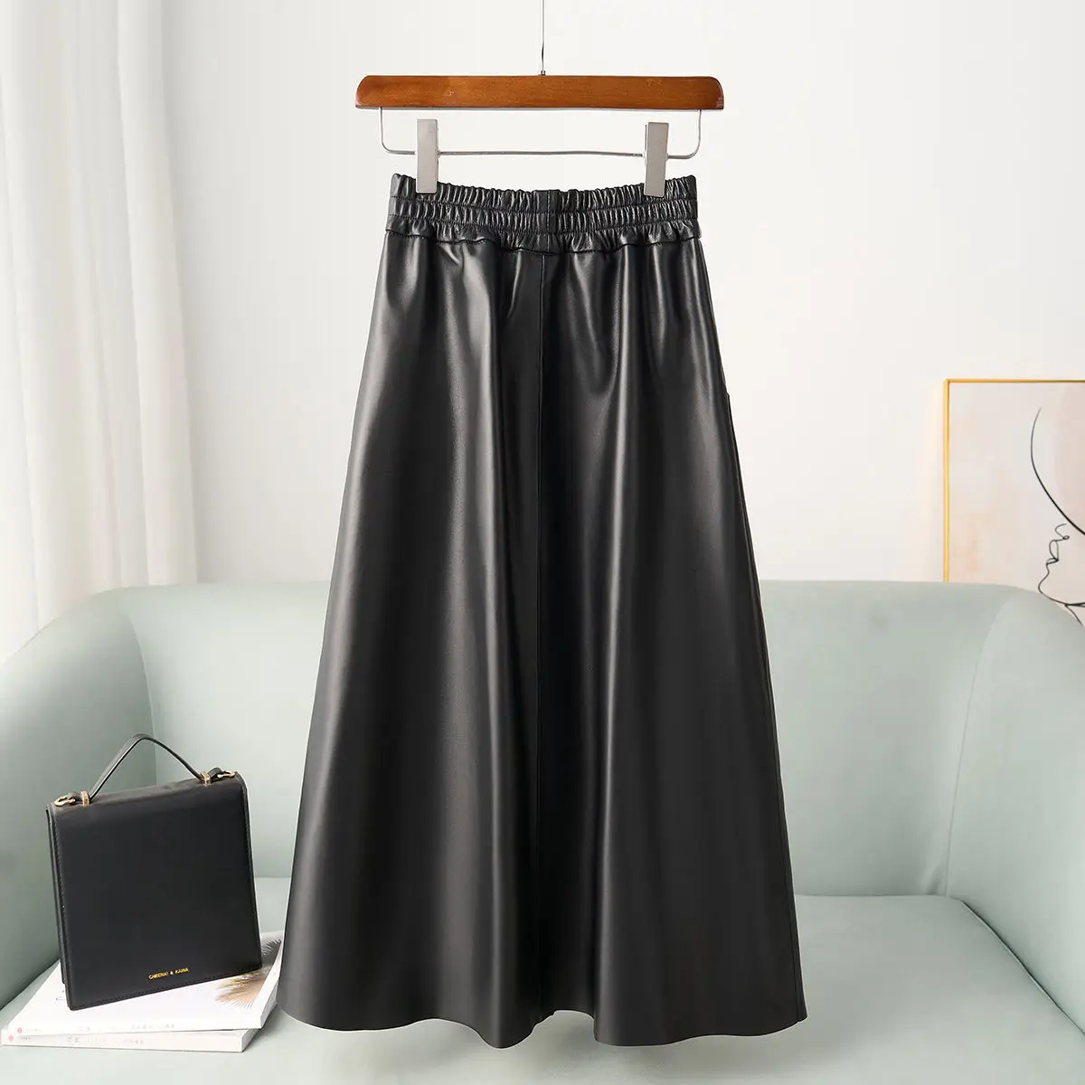 

High Quality New 2025 Genuine Leather Skirt for Women's Autumn Winter Temperament High Waisted Mid-Long Sheepskin A-line Skirt