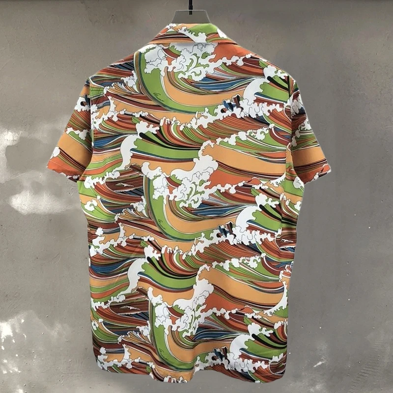 Men Colorful Wave Print Beach Shirt Hawaiian Shirts Casual Tropical Holiday Tops Short Sleeve Men Shirt Streetwear Moda Hombre