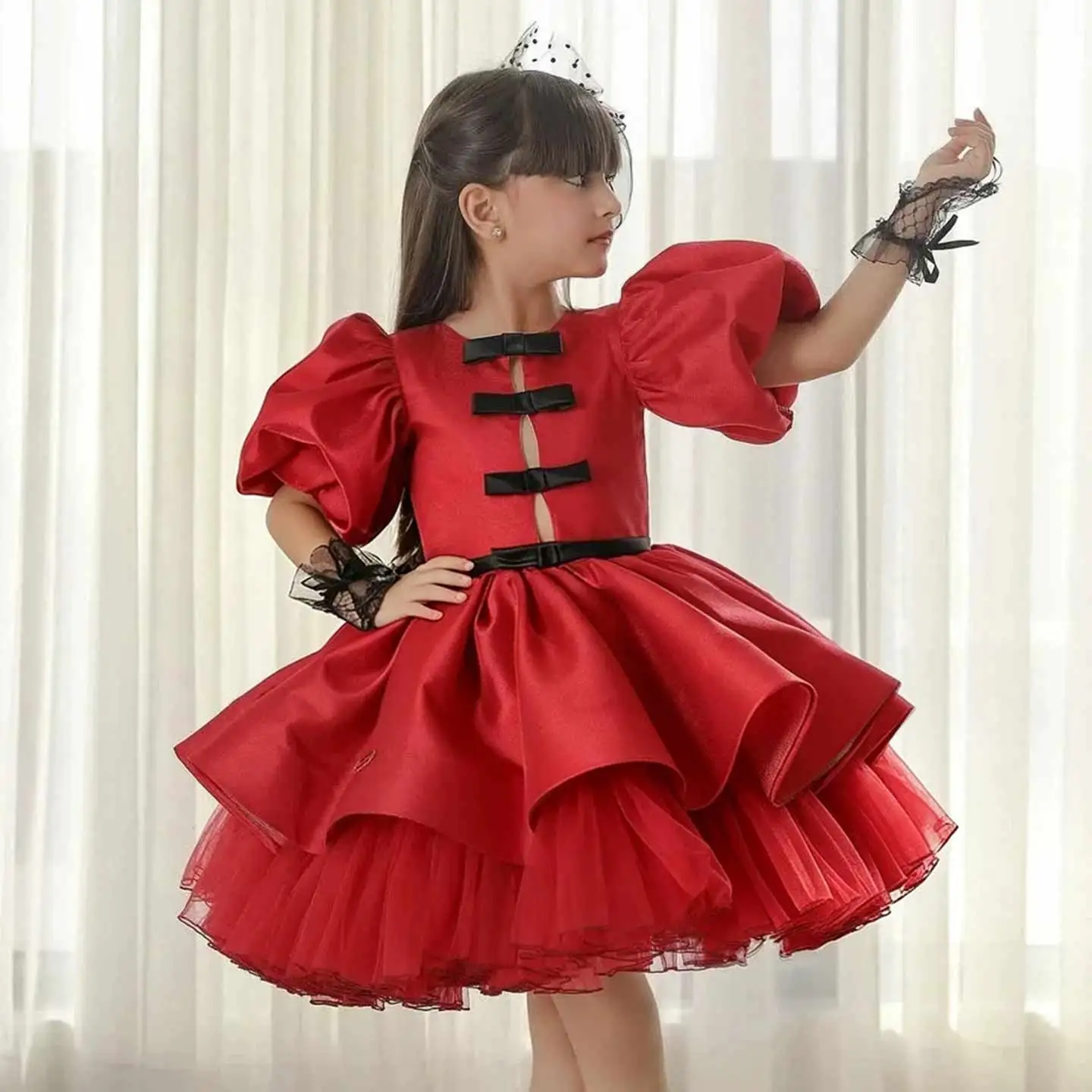 Jill Wish M007 Girls Vintage Dress Red Black Puff Sleeves Bow Buttons Layered Satin Overskirt Ruffled Tulle Pageant Party