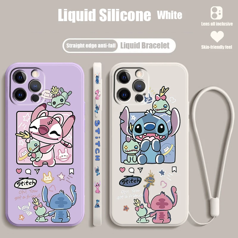 

Disney Couple Stitch Love Liquid Left Rope For Apple iPhone 15 14 13 12 11 XS XR X 8 7 SE Pro Max Plus Mini Back Phone Case