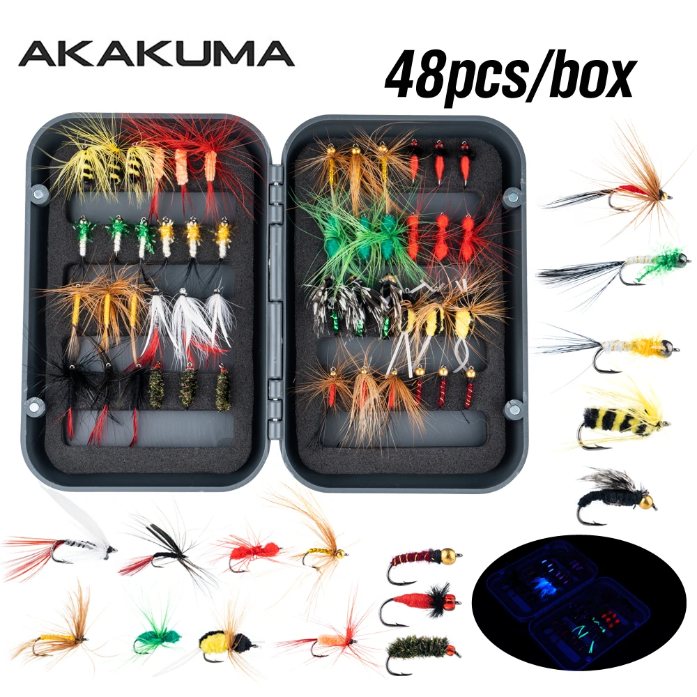 

Ассортимент мушек для ловли нахлыстом с коробкой, искусственная приманка для насекомых, 48 шт., сухие/влажные мушки, приманка с крючком, приманка для литья