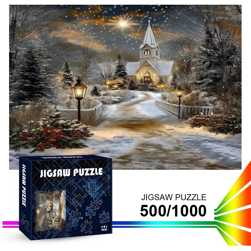 500/1000 Uds. Gran Iglesia con rompecabezas de escena navideña nevada adecuado para adultos y familias: rompecabezas grande desafiante con Uniq