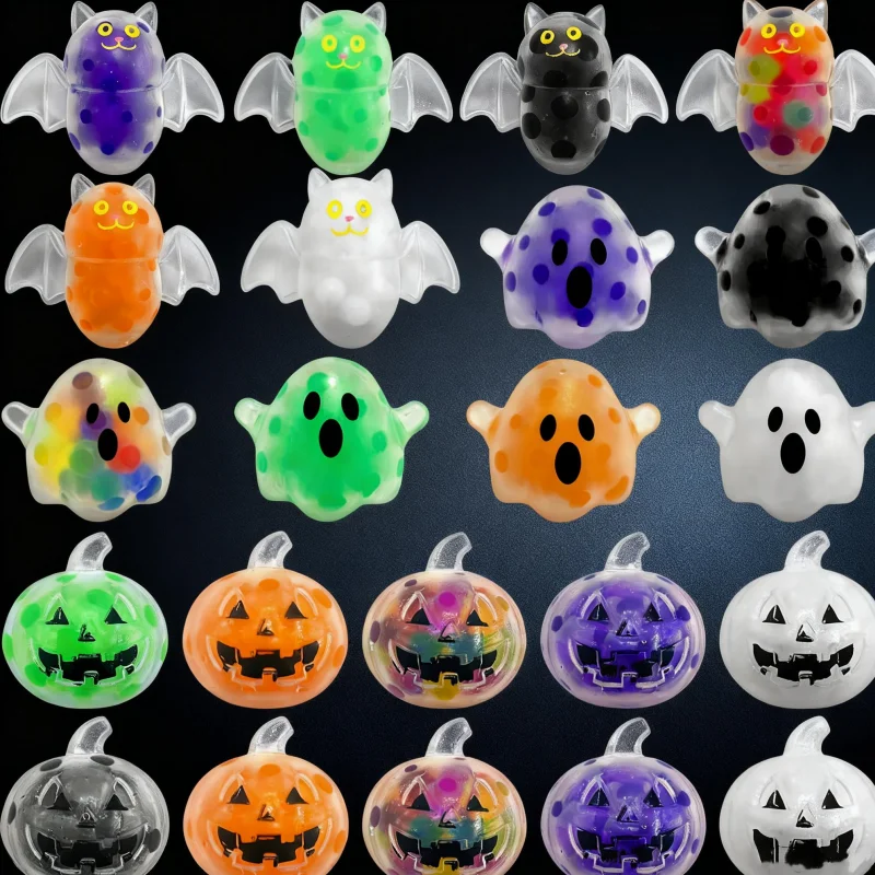 15Pcs Random Color Novelty Halloween Beads Balls Squeeze Toys Ghost Bat Pumpkin Stress Relief Creative Decompression Toys Holiday Gift