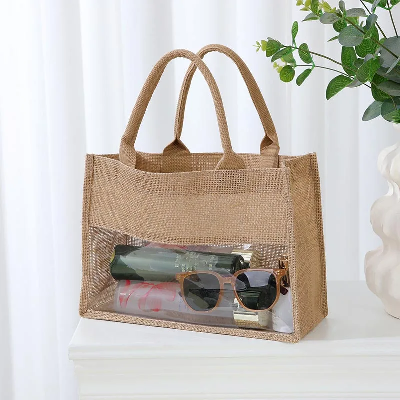 

Jute splicing handbag, coarse hemp laminated tote bag, inner linen bag