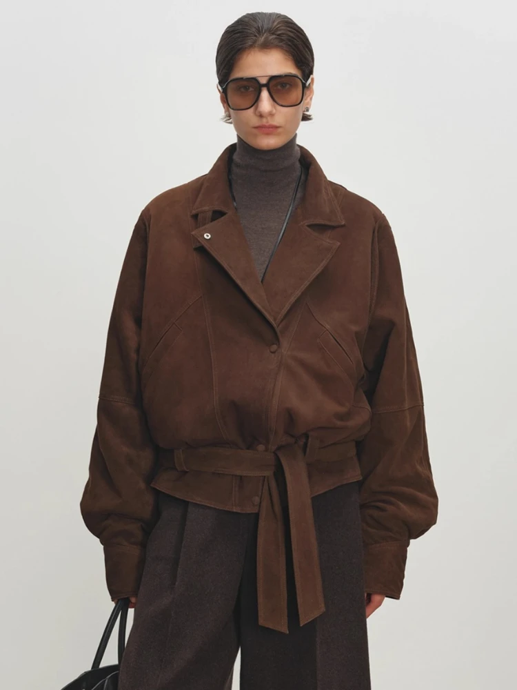 سترات كلاسيكية من جلد الغزال الطبيعي للنساء لخريف وشتاء 2025 معطف مبطن بسيط فضفاض من جلد الغنم الحقيقي مع حزام #1