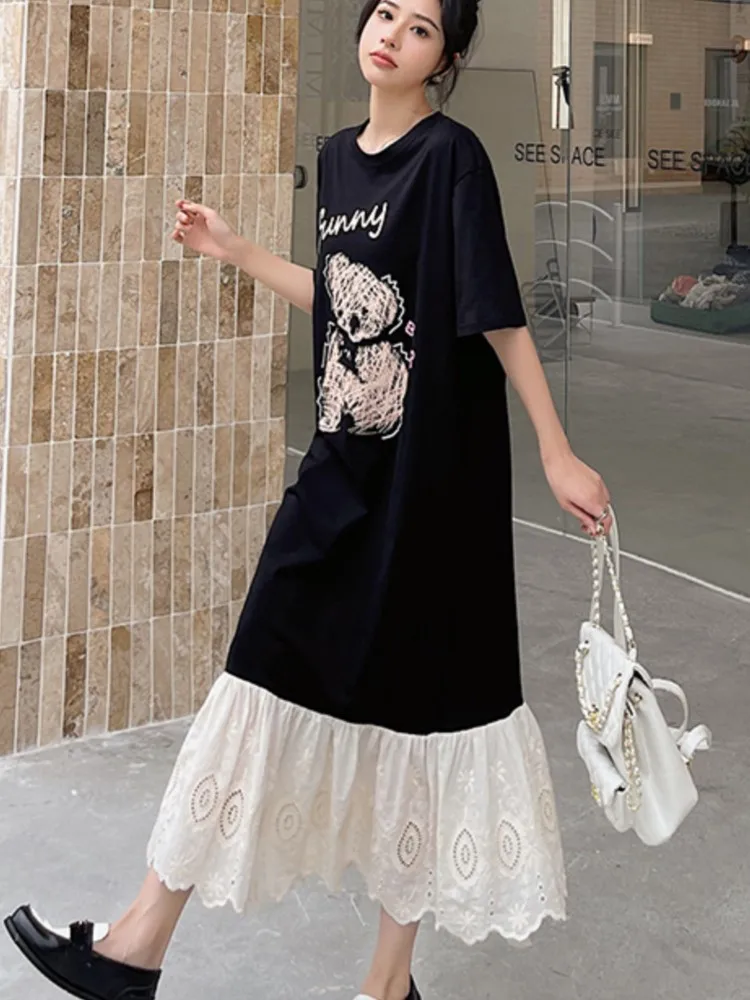 Primavera Verano mujer suelta talla grande camiseta vestido Casual Jacquard Patchwork señoras Vestidos