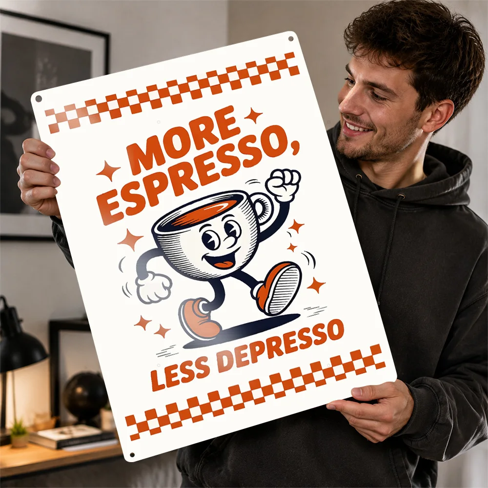 Espresso Depresso Coffee Cup Textured Metal Poster Retro Cartoon Wall Art For Kitchen Personalized Aluminum Sign Barista Gift
