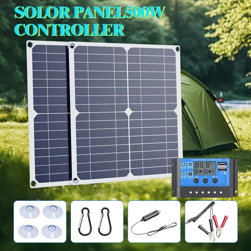 500-W-Solarpanel-System – 12 V hocheffizientes Kit, Dual-USB und 100 A-Controller für Wohnmobile, netzunabhängige Stromversorgung und Batterieladung