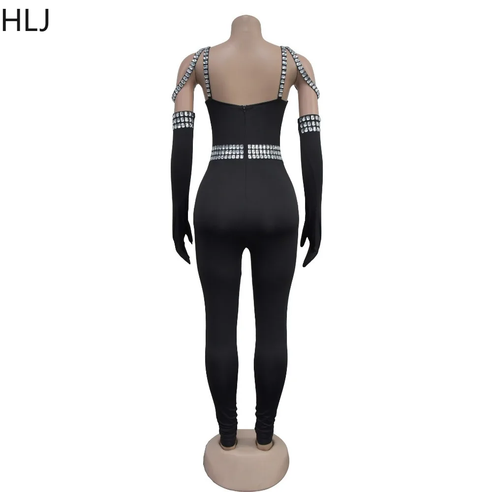 HLJ Fashion Rhinestone Backless Bodycon Jumpsuits Women Strap Sleeveless Party Club Playsuits Female With Sleeve Glove Overalls