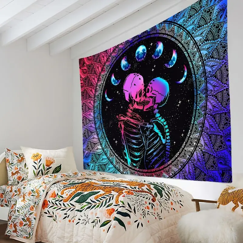 VIKAMA Wall Tapestry Neon Gradient Skeleton Lover Tapestry Mandala Pattern Moon Phase Printing Print Tapestry Hanging Cloth
