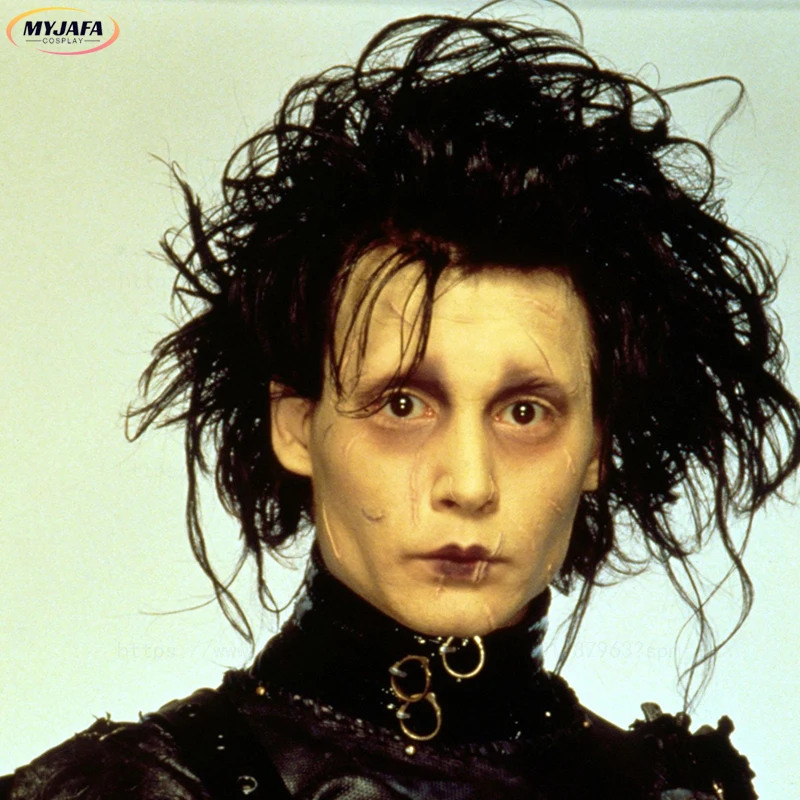 High Quality Edward Scissorhands Cosplay Wig Short Black Curly Heat Resistant Synthetic Hair Anime Movie Role Play Wigs + WigCap