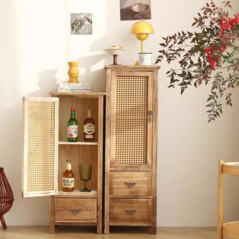 Woven Rattan Narrow Dresser with Doors 18-Inch Space-Saving Corner Cabinet Sturdy Dustproof Storage Organizer for Bedroom