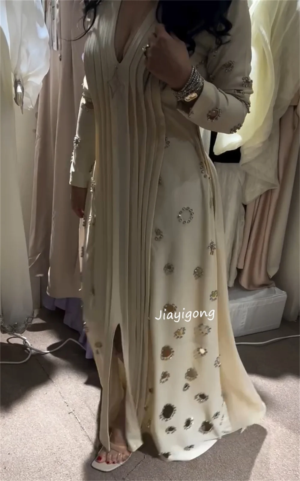 Jersey informal personalizado con lentejuelas y plisado, vestidos largos con cuello en V, ocasión a medida, estilo chino elegante