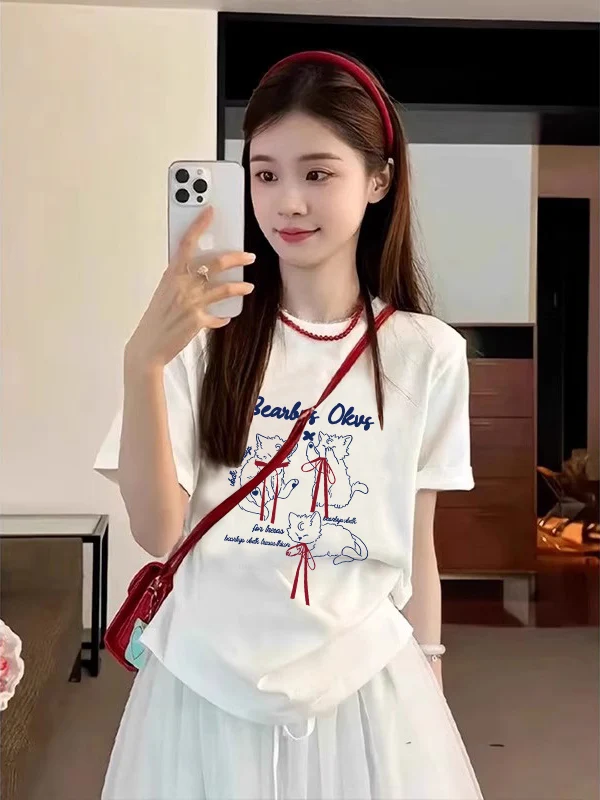 

Женский летний повседневный топ свободного кроя с мультяшным принтом, из хлопка, корейский стиль, облегающий, белый или серый