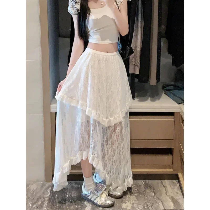 Deeptwon White Lace Asymmetrical Skirt Women Fairycore Sweet Vintage Mid Irregular Skirt Korean Style Aesthetic Ruffle Skirts