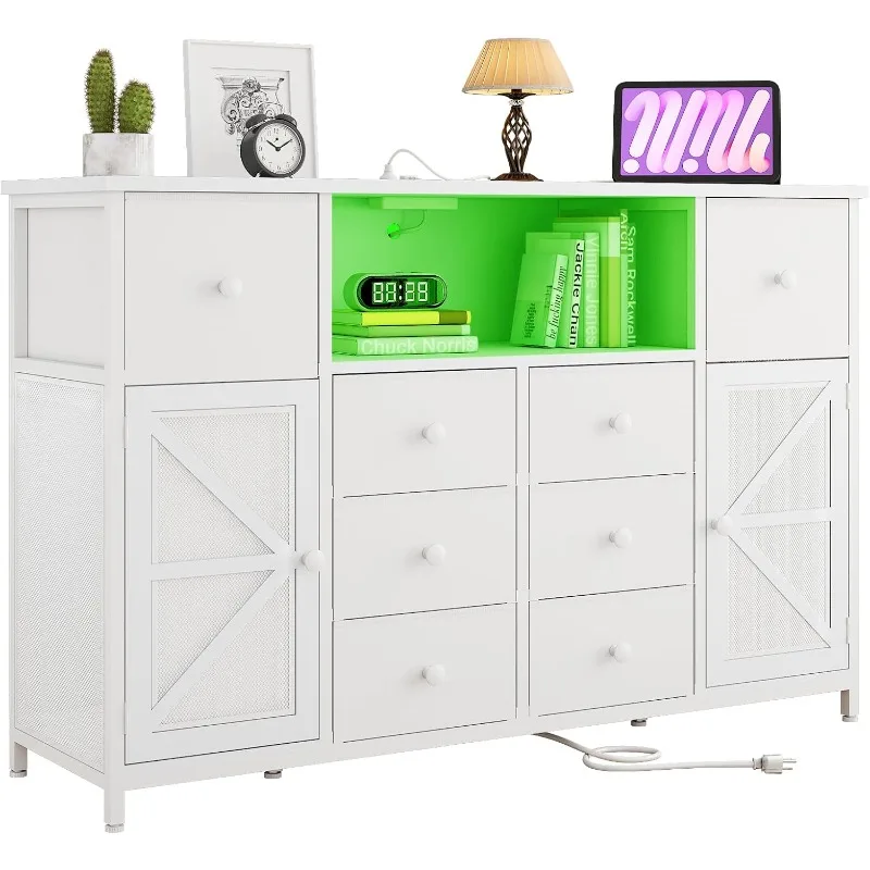 

Bedroom white dressing table with charging station and LED lights, bedroom chest of drawers with 8 fabric drawers and 2 doors