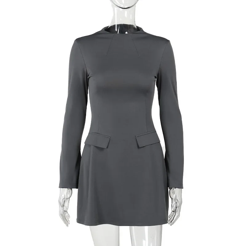 Long Sleeve A-line Mini Dress Elegant Office Dress Women Spring Autumn Bodycon Short Dresses Grey