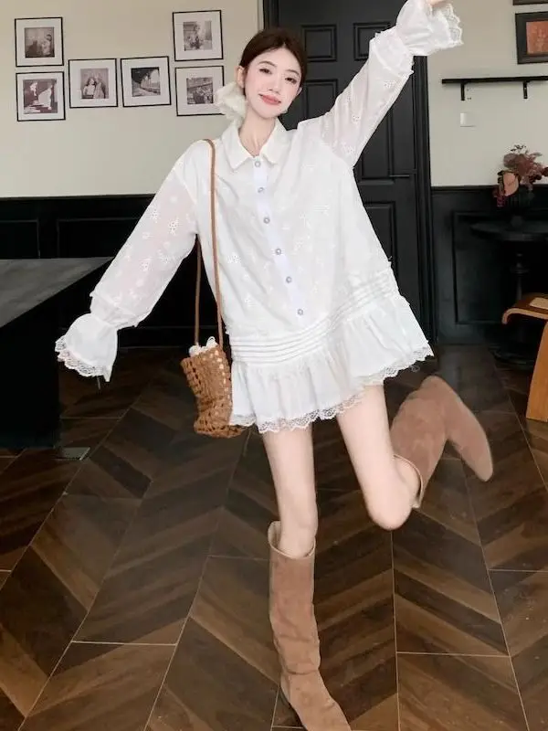 

plus Size 300 Pou Women's Casual irt Dr Lace Trim Design A-Line Skirt Korean Sle Autumn Winter Loose Fit Long Sve