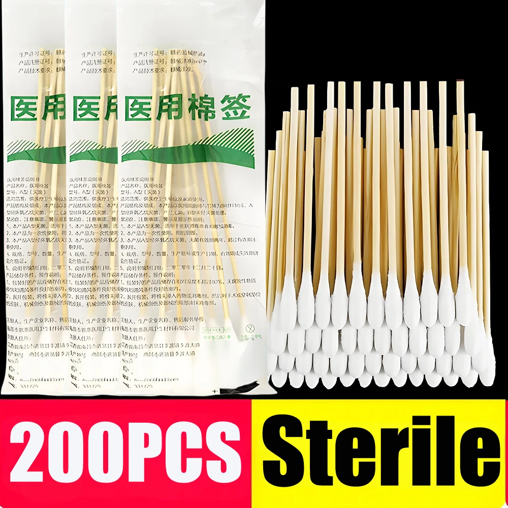 

20-200Pcs Cotton Swab Wooden Sticks Sterile Cotton Swab Microbrush Disposable Cotton Buds for Makeup Nose Ears Cleaning 20cm
