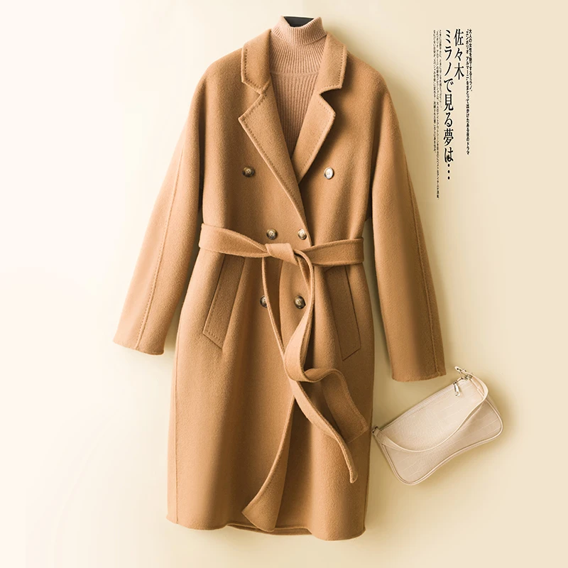 Long Cashmere Coat Winter Women Woolen Jacket 100% Merino Wool Fashion Lapel Elegant Overcoat Autumn Women Blazer Clothes Korean