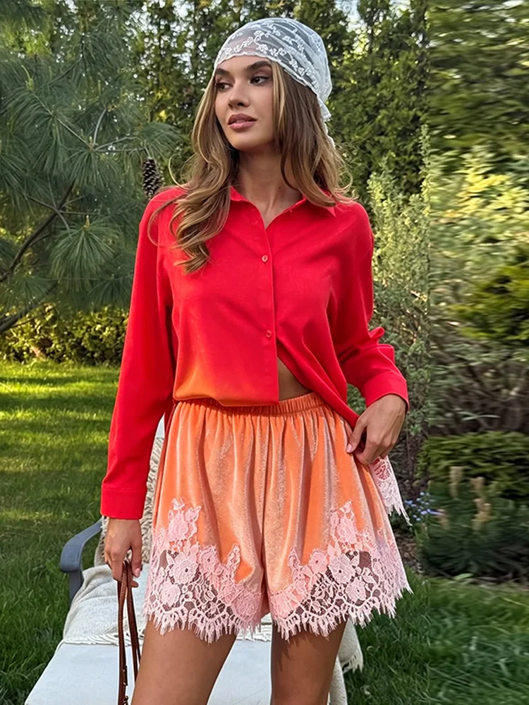 Women's Shorts Velvet Patchwork Lace See Hollow Out Irregular Hem Loose Shorts Charming Female Elastic High Waist Loungewear New