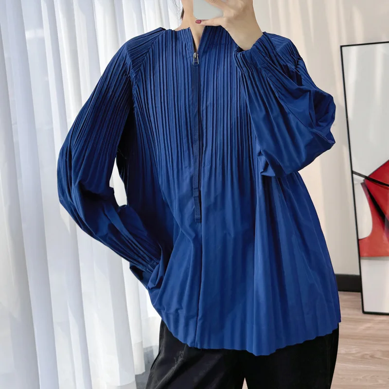

Miyake Pleated Women's Jacket Spring and Autumn Versatile Zipper Pullover Loose and Simple Long Sleeved Short Top