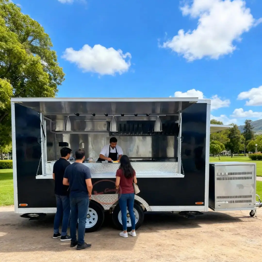

Outdoor Food Trailer Black Dominant Industrial Feel Concise Design Mobile Kitchen Catering Truck