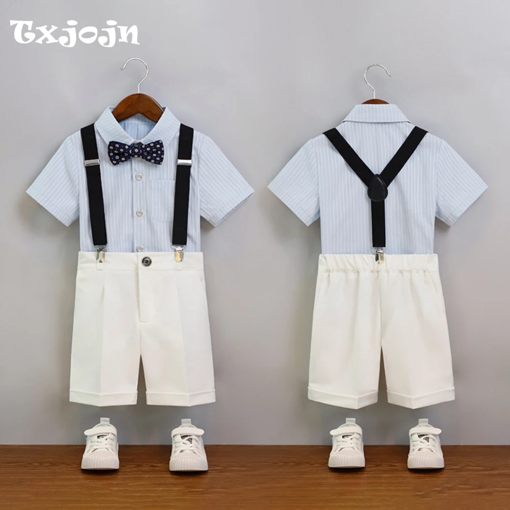 

Comfortable Kids Striped Shirt Jumpsuit Bow-tie 4 Pieces School Performance Wear Summer Overalls Set For Outdoor Activities