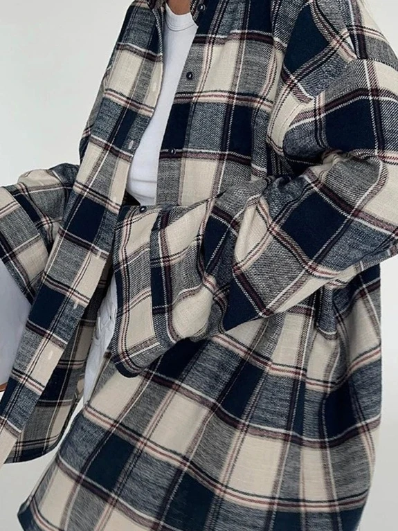 Loose Plaid irt Jaet for Women Big Pattern Flannel Long Sve Turn-down Collar Casual Street Sle Polyester Outerwear