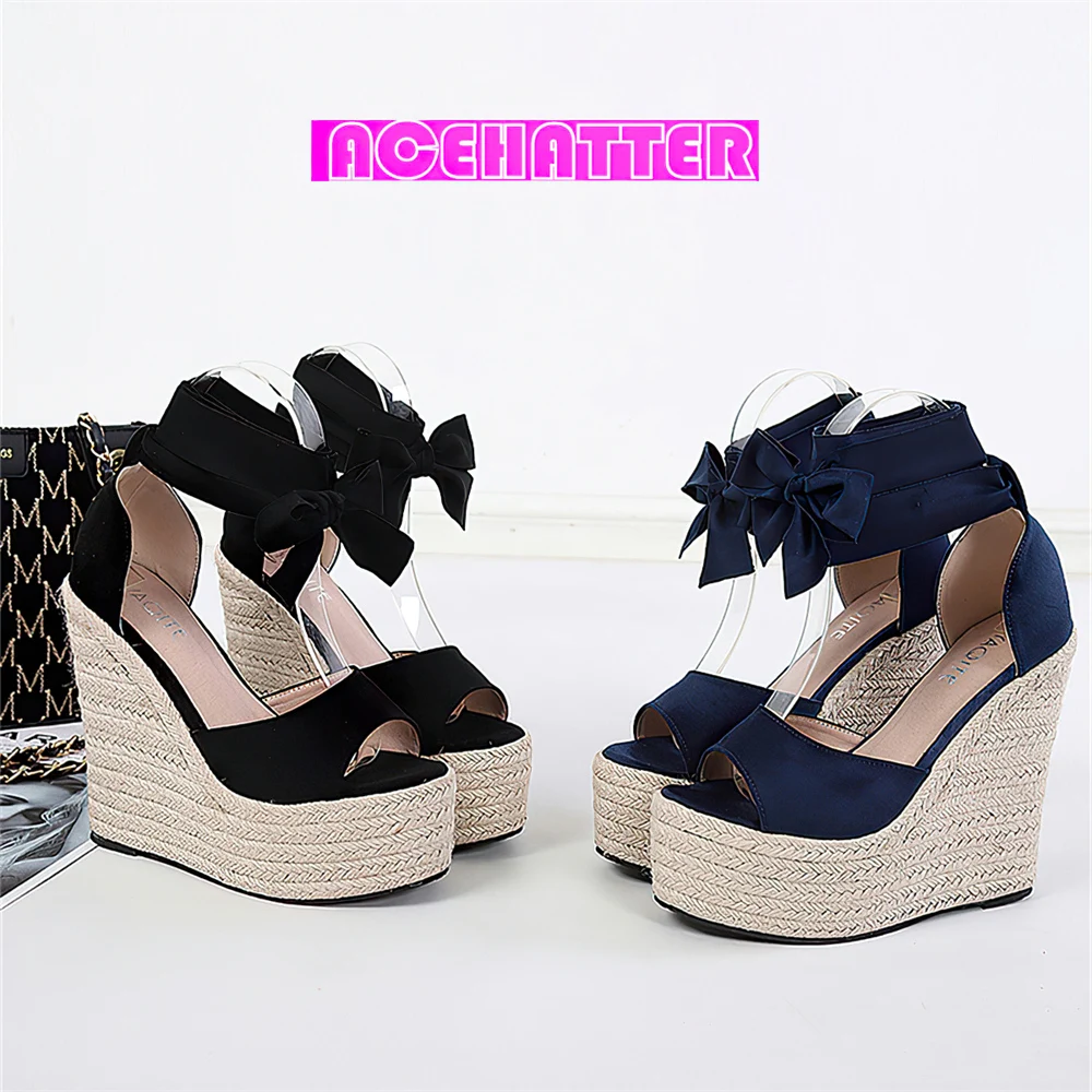 Espadrille Platform Wedge Sandals for Women Cross Band Dressy Lace-up Straw Shoe Open Toe High Heel Sandals Summer Beach Shoes