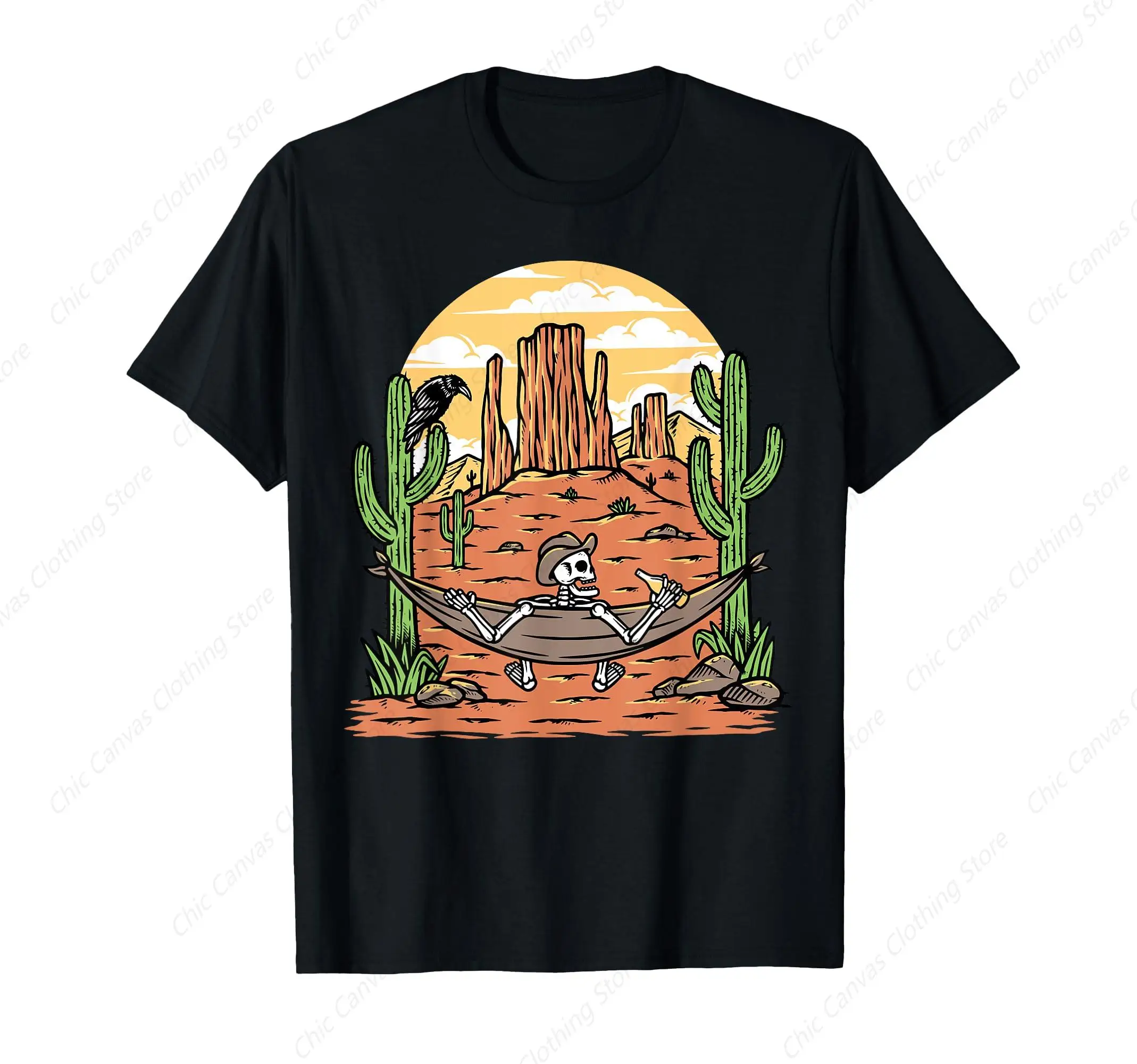 Cool And Fashionable Men's Desert Scene Cactus Skeleton Cowboy Wearing Hat Hammock Printed T-Shirt