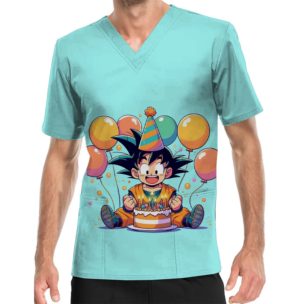 Nursing Spring and Summer Women's Short Sleeve V-Neck Print Scrub Top Dragon Ball Son Goku Print Durable Men's Nursing Clothes