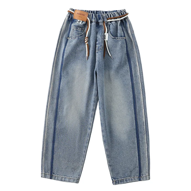 رائجة البيع الأولاد الجينز الفضفاضة مع المشارب الجانبية للطفل الخريف عالية الجودة مخطط الدينيم السراويل الاطفال الهيب هوب الشارع الشهير بنطلون #6