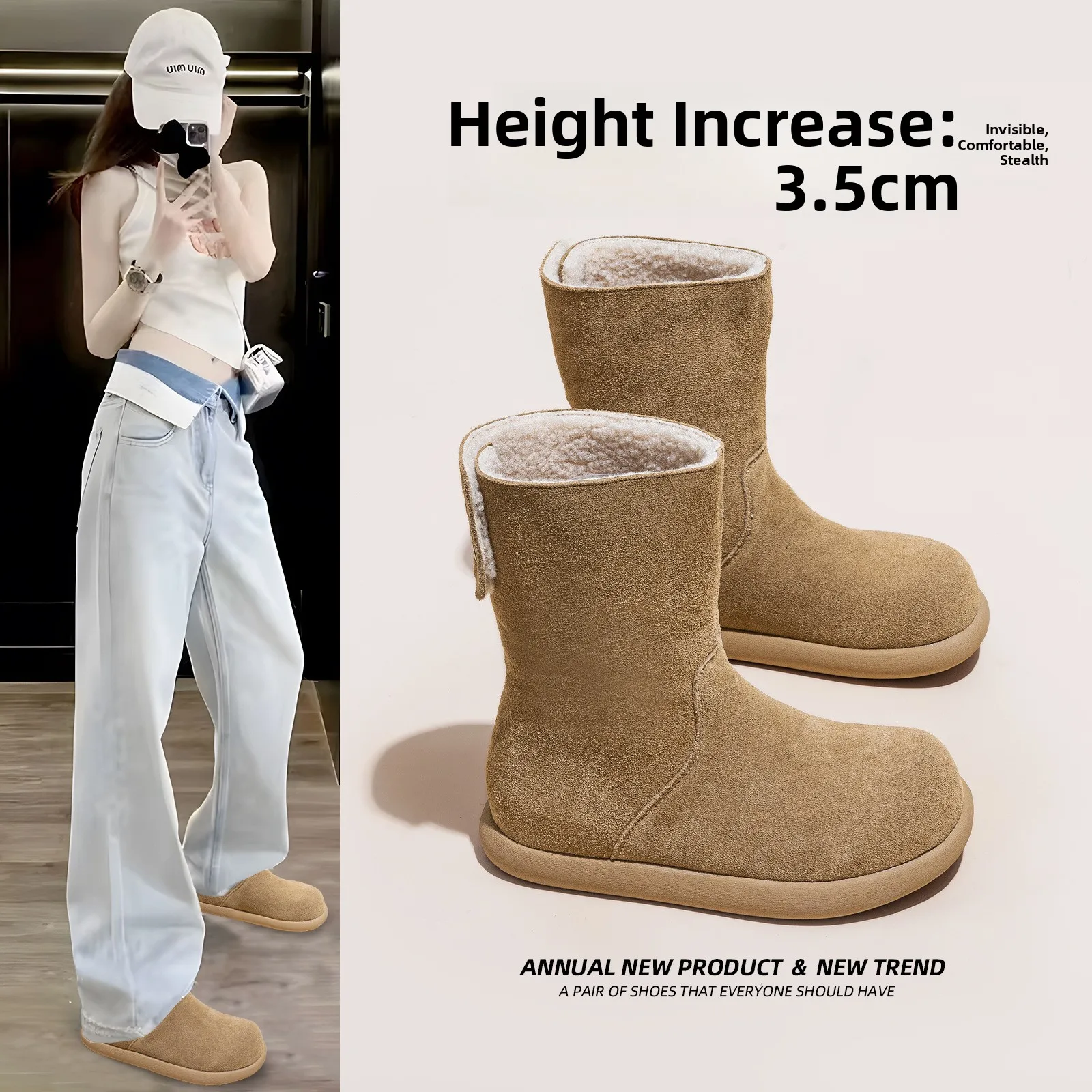 

Women's Winter Snow Boots 2025 New Fleece Lined Slim Thick Bottom Heightening Two Wear Warm Cotton Shoes Korean Style Short Tube