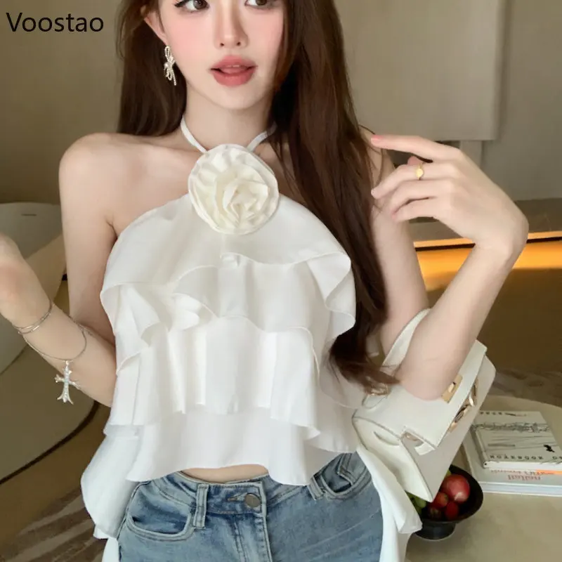 Zomer Vrouwen Zoete Halter Kraag Blouse Elegant Off Schouder Bloem Ruches Crop Tops Vrouwelijke Mode Strand Vakantie Sexy Kleding