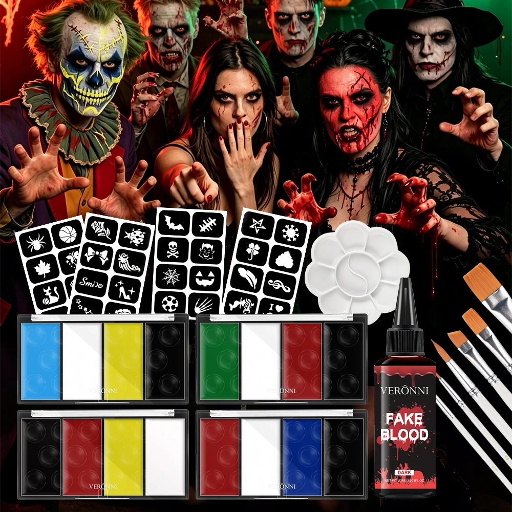 4 colors Professional Rainbow Stripe Paint Set with Brushes, Face Body Painting Palette Fake Blood, Christmas Halloween Cosplay