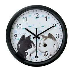 Cute Black cat White Cat design wall clock, 8-inch home mute clock, decorate living room, bedroom, den, bathroom, hallway