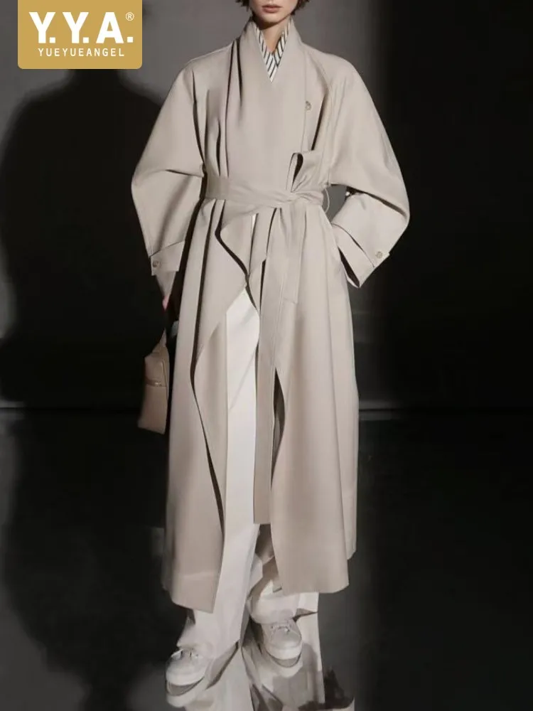 

Spring Women Stand Collar Loose Fit Single Button Fashion Trench Sashes Designer Long Coat Office Ladies Elegant Windbreakers