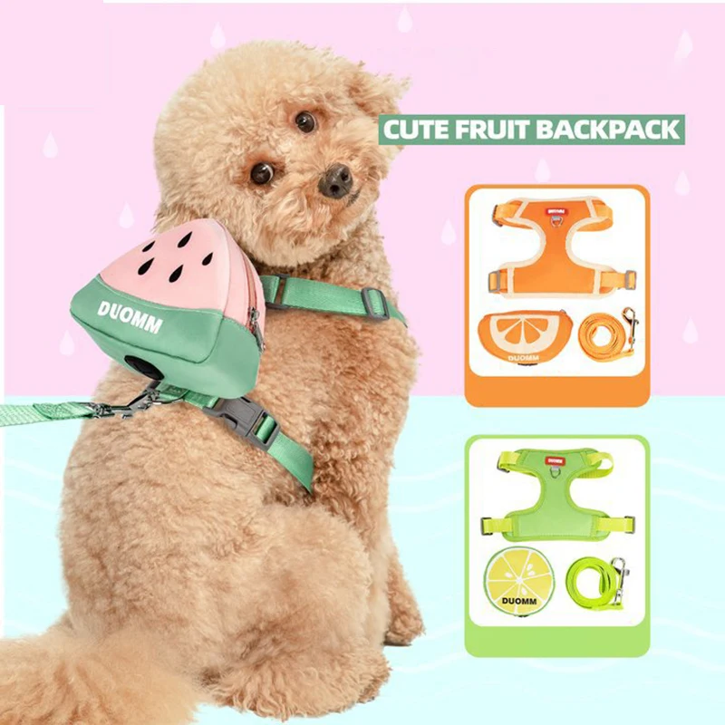 

Cat Cute Fruit-Themed Harness with Detachable Backpack Reflective Adjustable Vest for Medium Cats Includes Waste Bag Dispenser