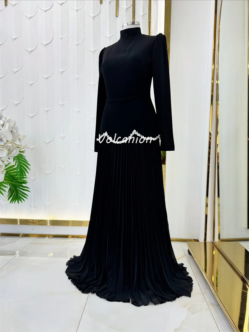 Customized Classic Matching Organza Rhinestone Ruffle Beading Draped Straight High Collar Long Dresses Bespoke Occasion Dresses