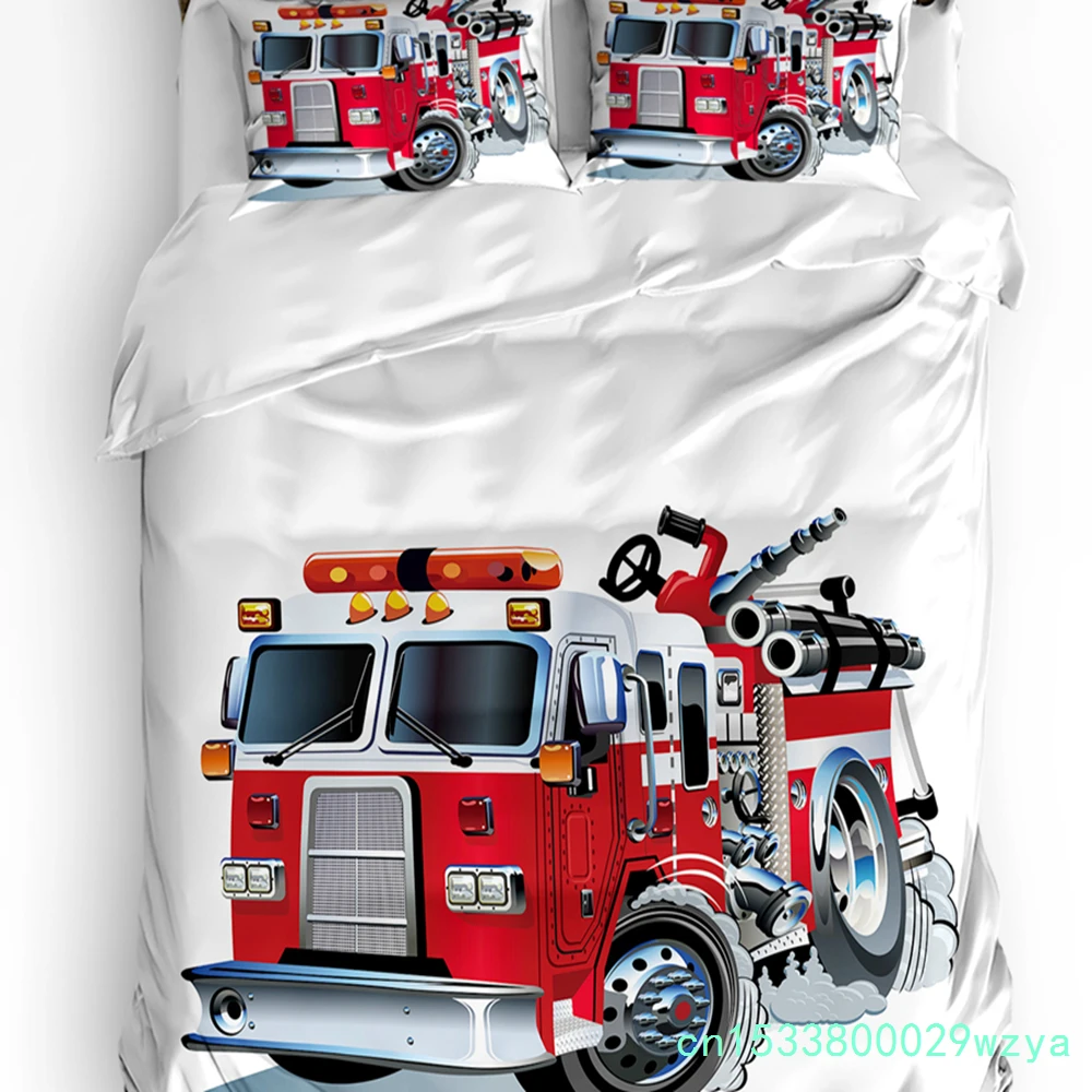 Cartoon Red Fire Truck White Bedding Set 3pcs Duvet Cover Pillowcase Kids Adult Quilt Cover Double Bed Set Home Textile