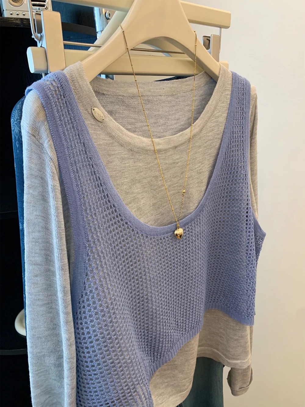 Faionable ey redondo ne malha longo sve solto emagrecimento topo para homem casual sle outono design falso camiseta de duas peças