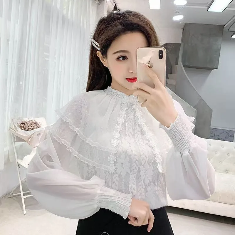 2024 Spring Fashion Embroidered Blouse Ruffle Flower Chiffon Shirt Women\'s Sweet Long-sleeved Stand-up Collar Ruffled Lace Shirt