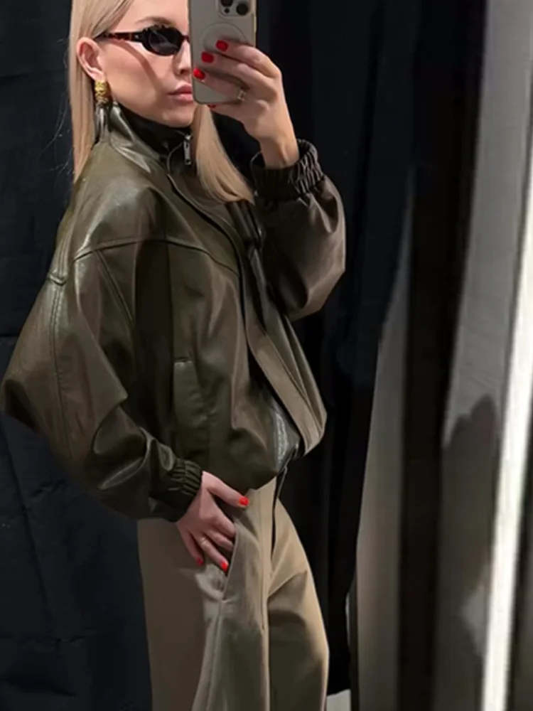 Giacca da donna in PU con colletto alla coreana Giacche casual in ecopelle con cerniera a maniche lunghe allentate 2026 Spring Street Lady Novità in capispalla