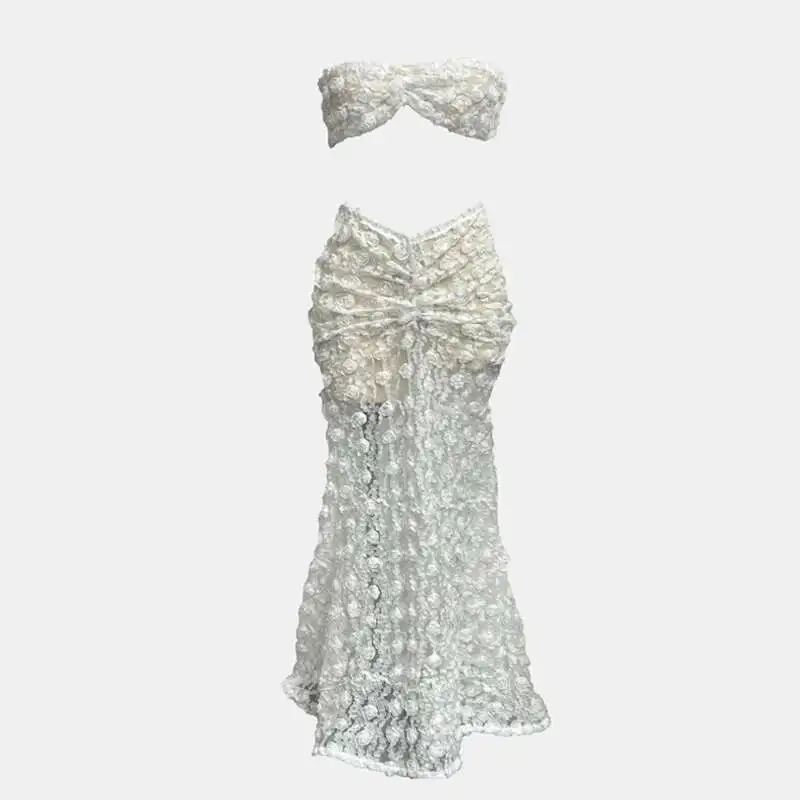 Ensemble 2 pièces en dentelle blanche pour femmes, haut court sans manches avec jupes longues, tenues d'été, épaules dénudées, costume sirène Slim, vêtements de plage