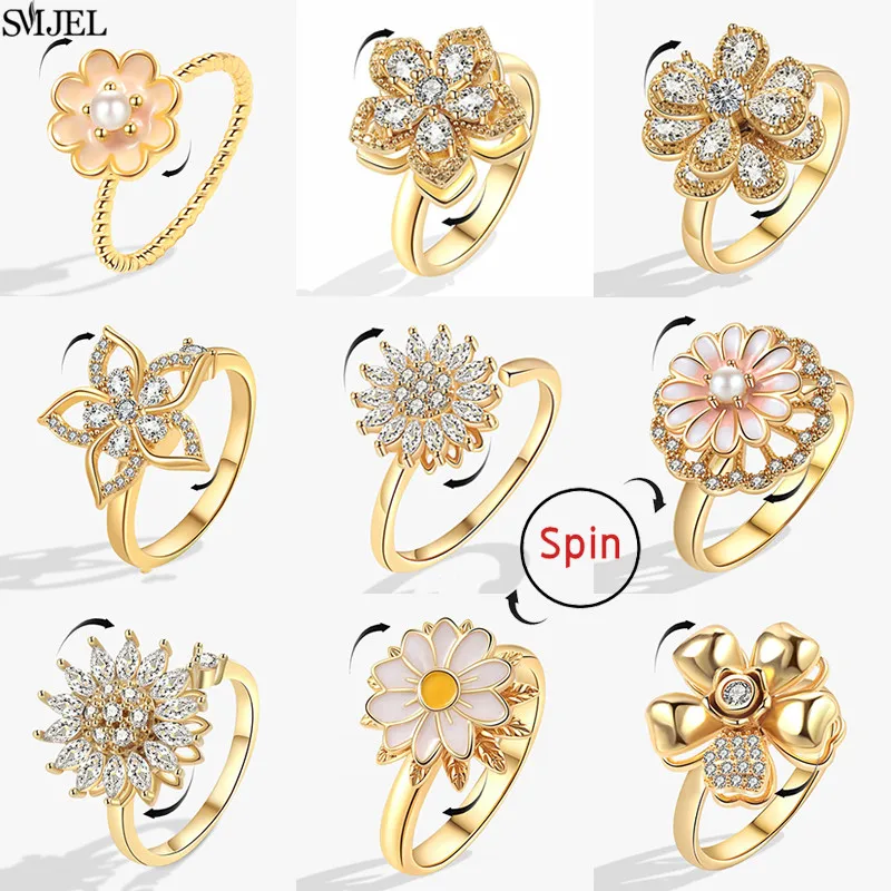 Bohemia Fidget Spinner Ring Anxiety for Women Multiple Crystal Flower Adjustable Open Rings Rotate Anti Stress Wedding Jewelry